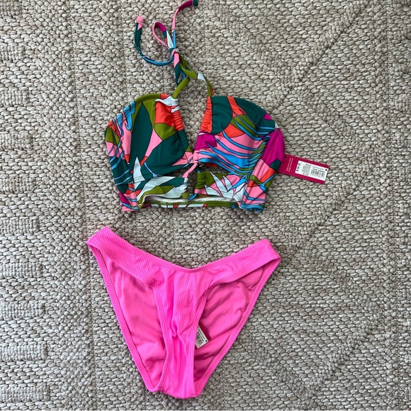 Xhilaration Pink Bikini Halter Top High Leg Scoop Waist Bottoms NEW WITH TAGS S - Picture 1 of 6